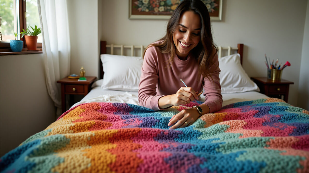 Mulher fazendo crochê em casa.