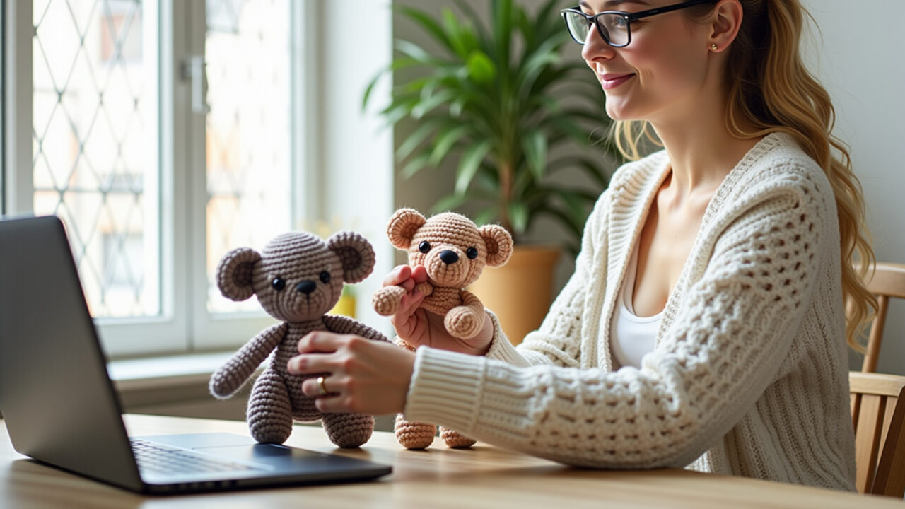 Woman crocheting seamless amigurumi, laptop with free pattern, cozy home, natural light, 8K Gráfico gratuito em português para amigurumi sem costura.