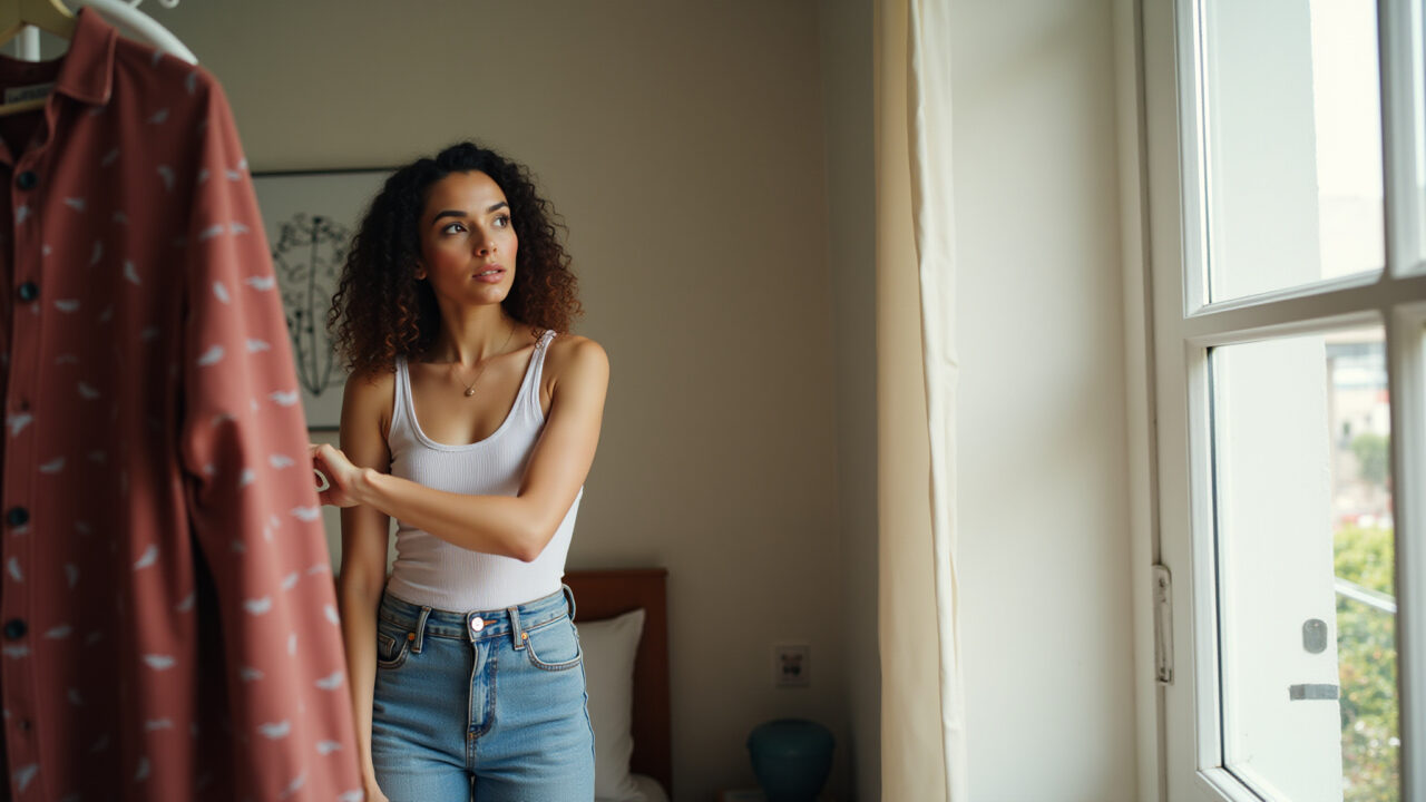 Woman discovering her personal style, Brazilian style, natural light, experimenting with clothes, Mulher descobrindo seu estilo pessoal.