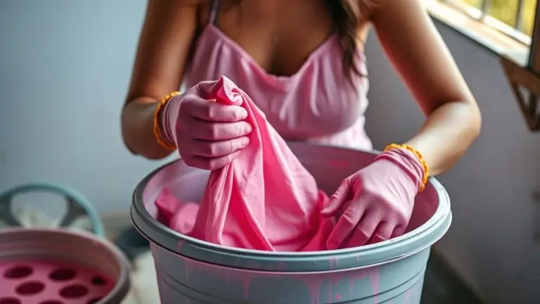 Mulher tingindo roupa rosa em balde, usando luvas coloridas. Processo de tingimento de roupas em casa.