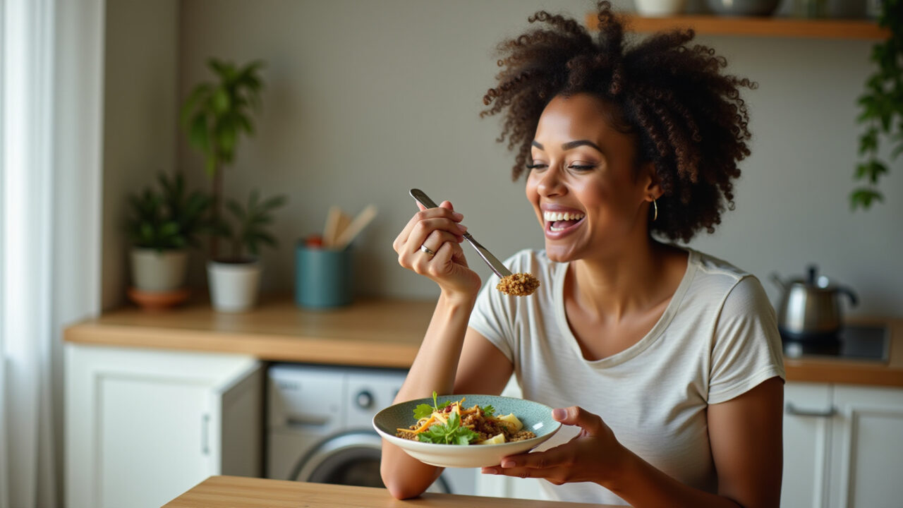 Woman enjoying healthy meal, Brazilian style, natural light, promoting well-being, professional Mulher desfrutando de uma refeição saudável.