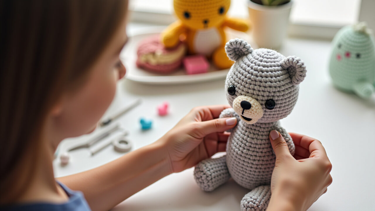 Woman fixing misaligned amigurumi parts, correcting mistakes, craft project, hands, bright light, Evitando erros na costura de amigurumi.