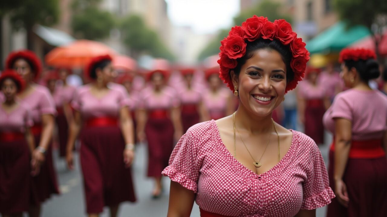 Mulher em vestido vermelho xadrez na Festa Junina, alegre e tradicional.