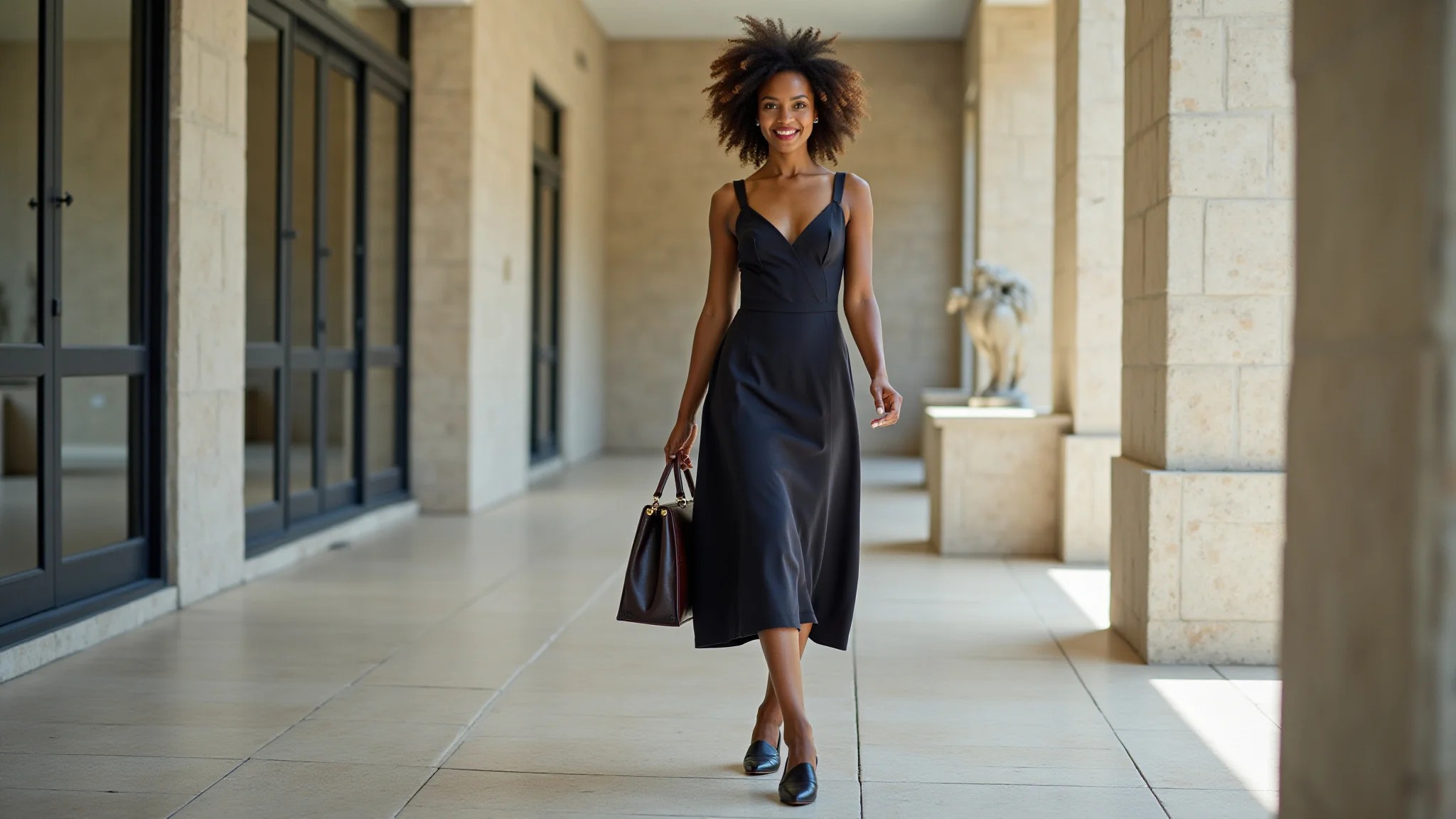 Mulher brasileira usando vestido midi e loafers elegantes.
