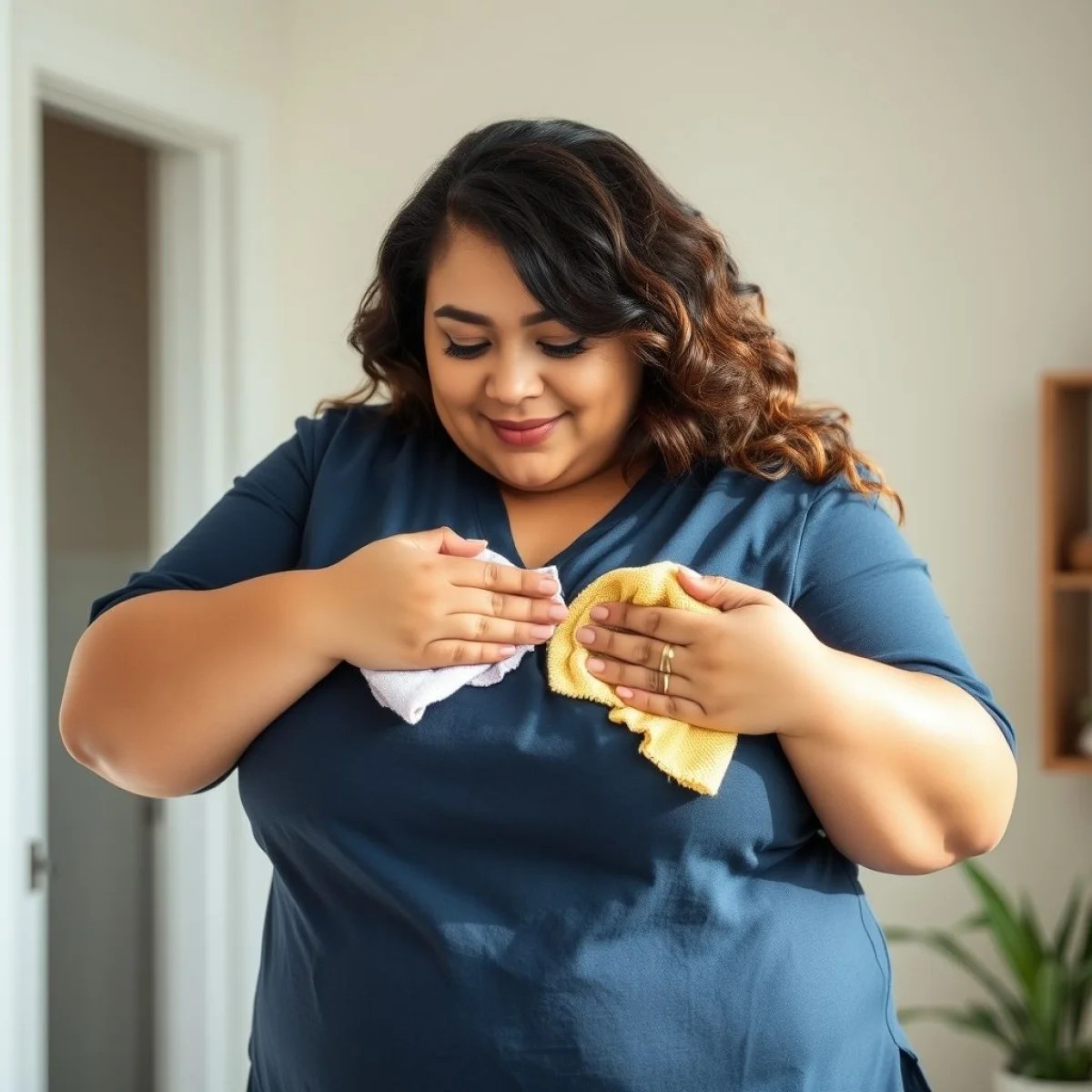 Mulher removendo mancha de desodorante de camisa azul escura com pano úmido.