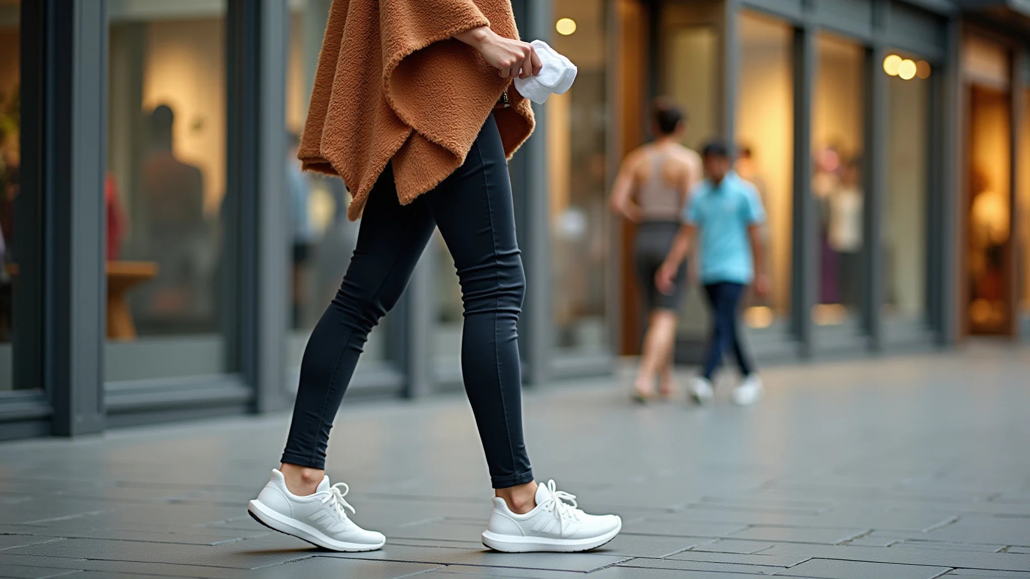 Mulher com legging e poncho grande, tênis branco, comprando na Avenida Paulista.