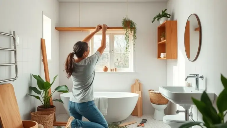 Mulher instala prateleira de madeira no banheiro. Projeto DIY com ferramentas e plantas.