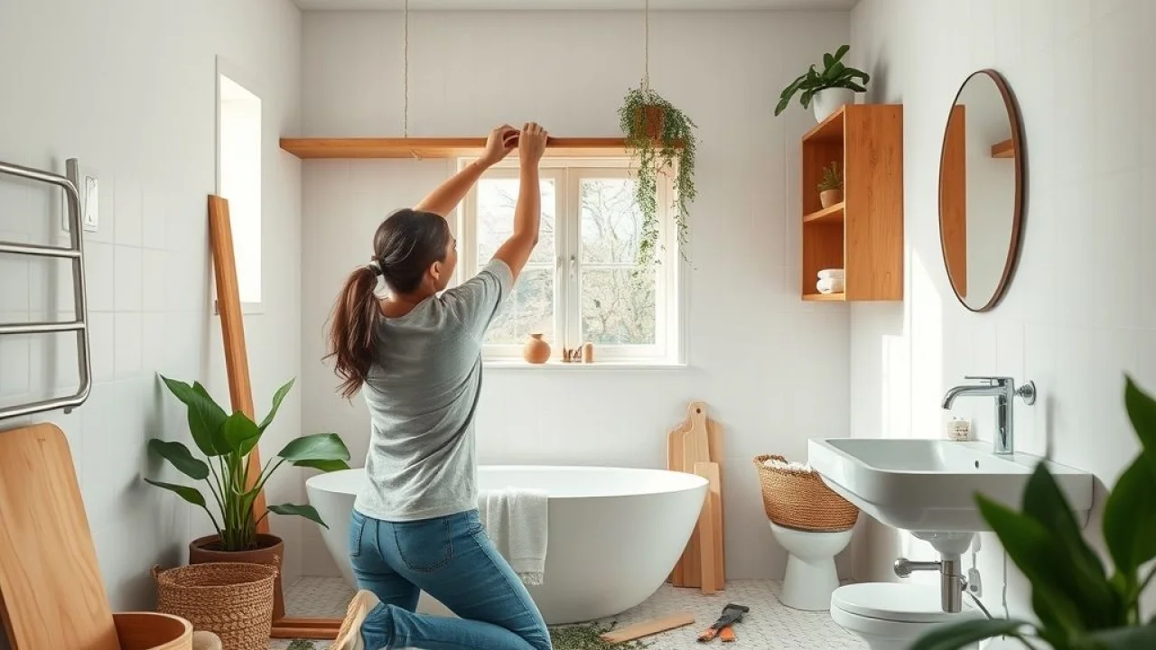Mulher instala prateleira de madeira no banheiro. Projeto DIY com ferramentas e plantas.