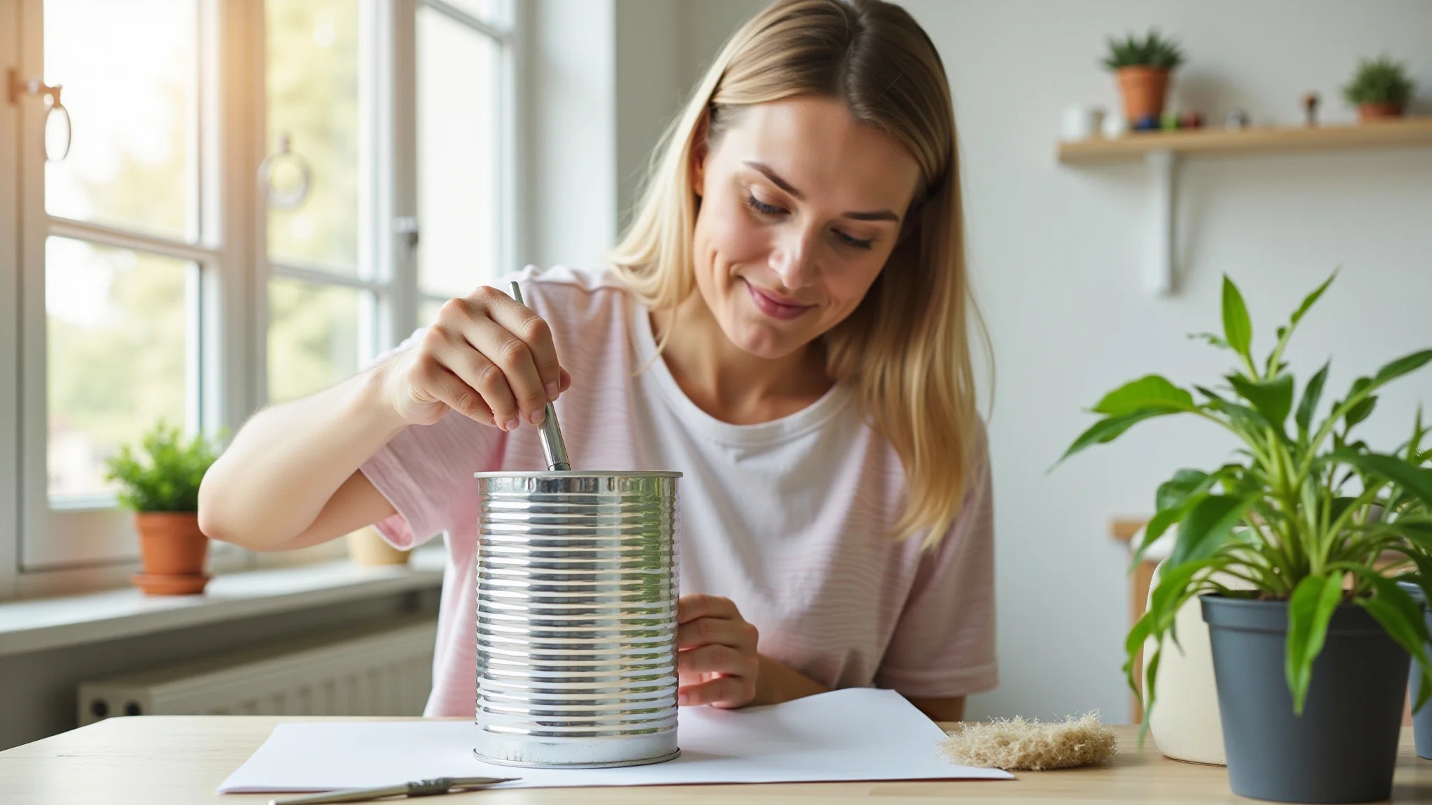 Mulher pintando uma lata de alumínio para usar como vaso de planta, projeto DIY.
