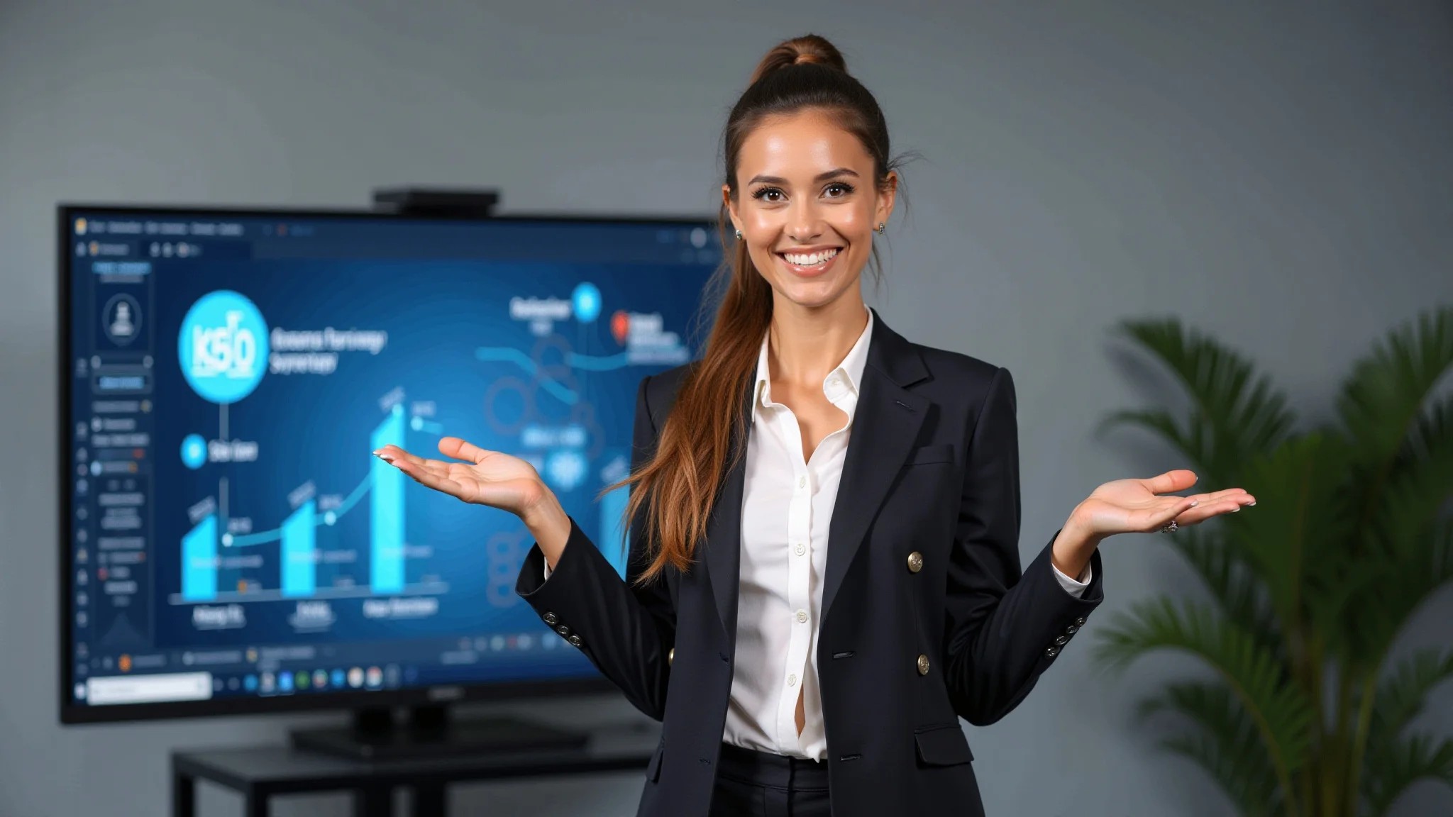 Mulher apresentando estratégia de marketing digital em tela.