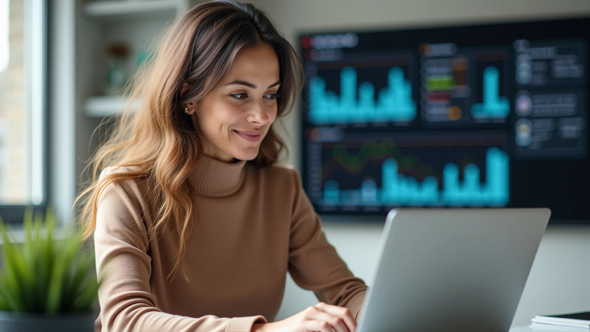 Mulher prestando serviços de SEO, analisando dados no laptop.