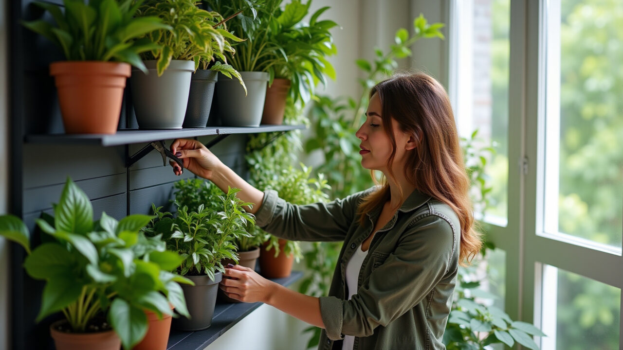 Woman pruning plants in a double-height vertical garden, showing regular maintenance, professional Mulher podando plantas em jardim vertical de pé direito duplo.