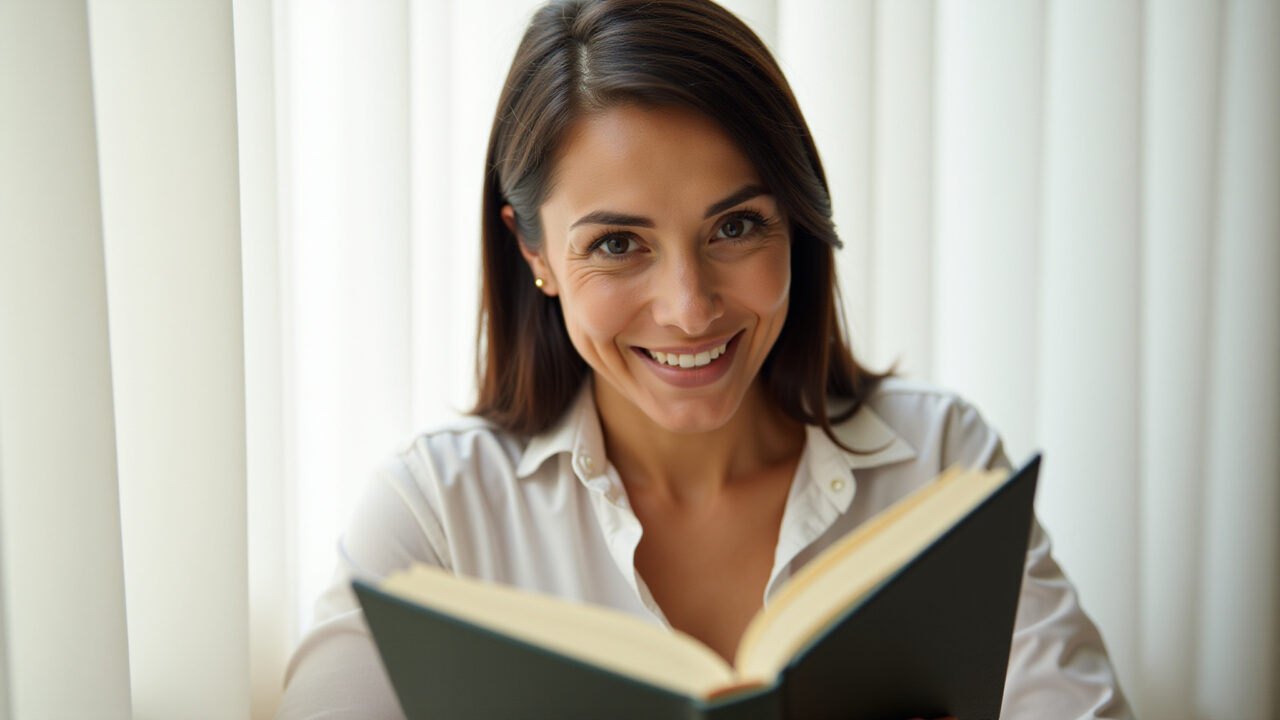 Woman reading a book, confident expression, Brazilian style, natural light, professional Mulher lendo um livro, expressão confiante.