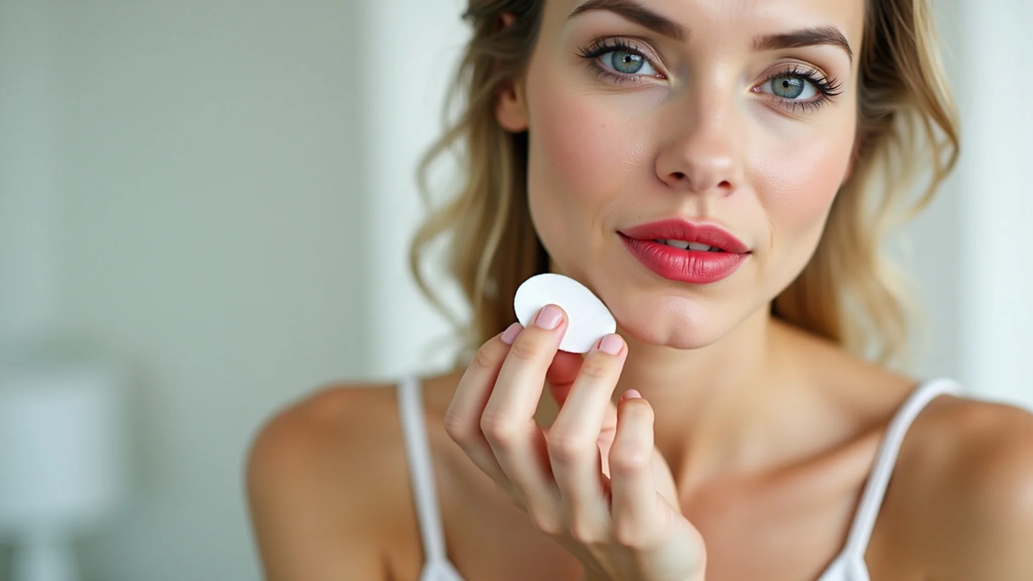 Mulher removendo batom vermelho com algodão e água micelar.