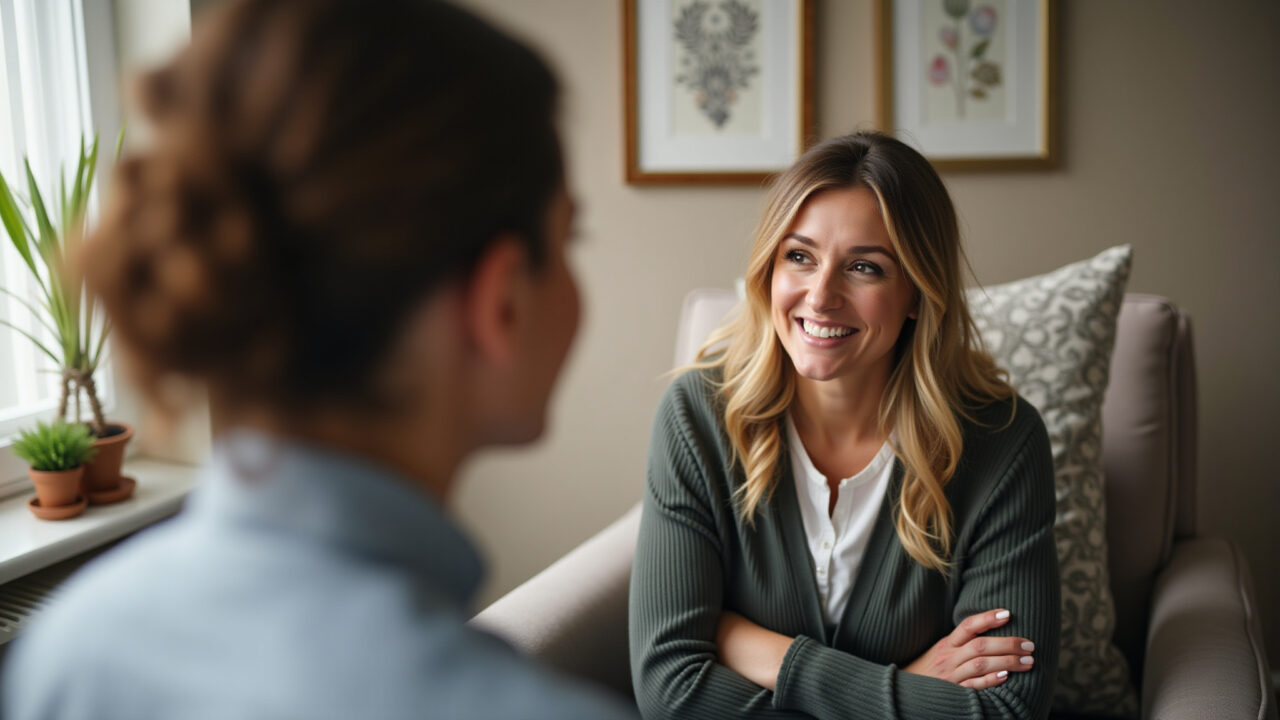 Woman seeking professional help, therapist's office, supportive environment, promoting mental Mulher buscando ajuda profissional em um consultório terapêutico.