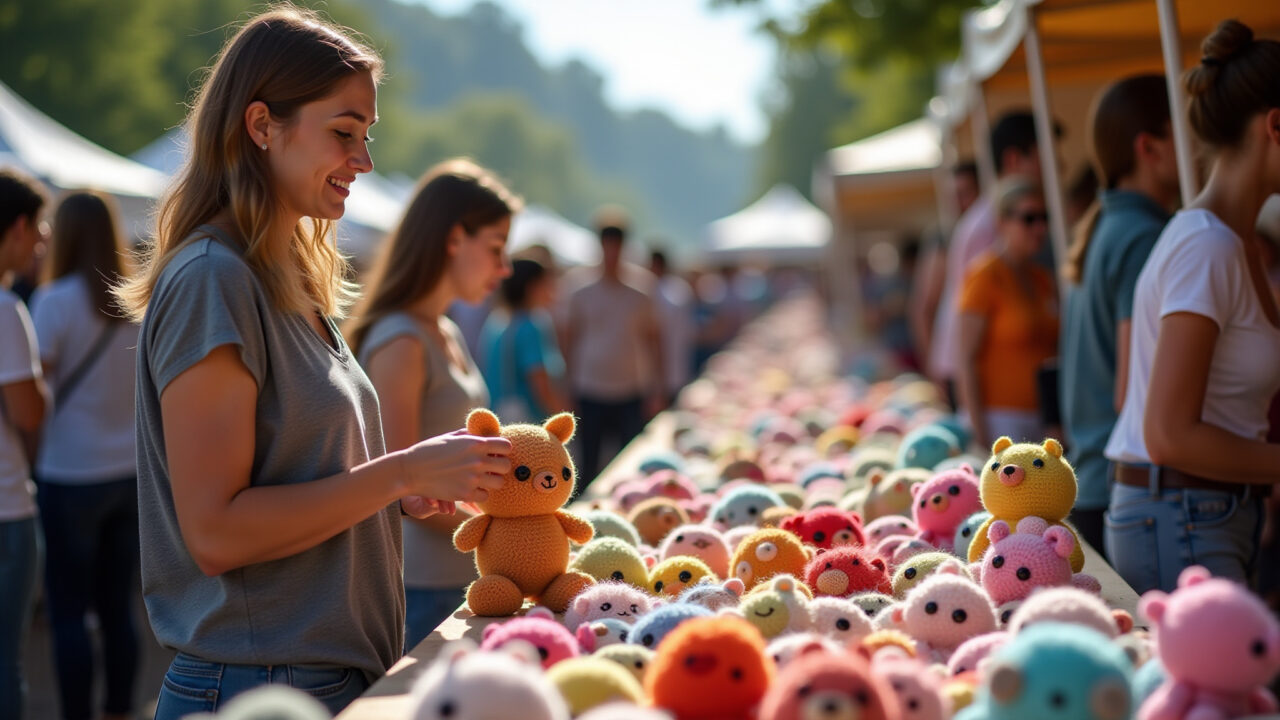 Woman selling amigurumi at a craft fair, diverse crowd, sunny day, professional photography, 8K, Mulher vendendo amigurumis em feira de artesanato.