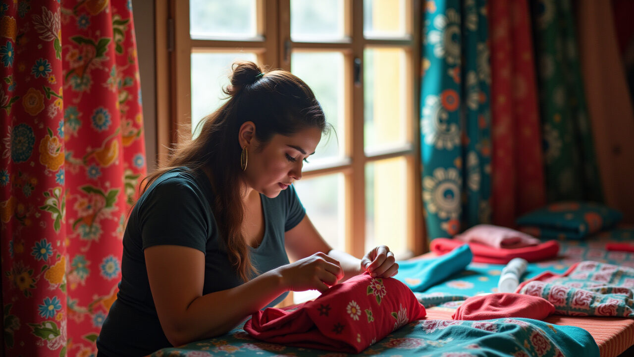 Mulher costurando artesanato em tecido.