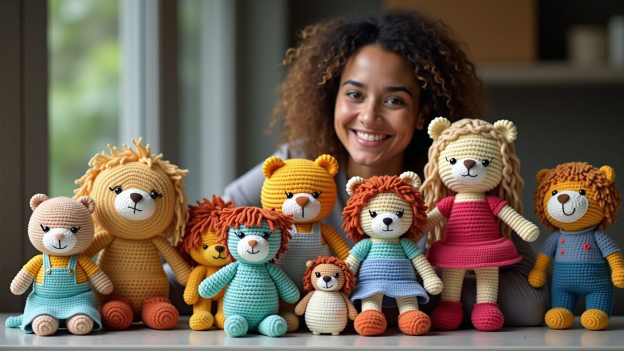 Woman showcasing amigurumi collection on Elo7, Brazilian artisan platform. Natural light, diverse Mulher vendendo amigurumis na plataforma Elo7.