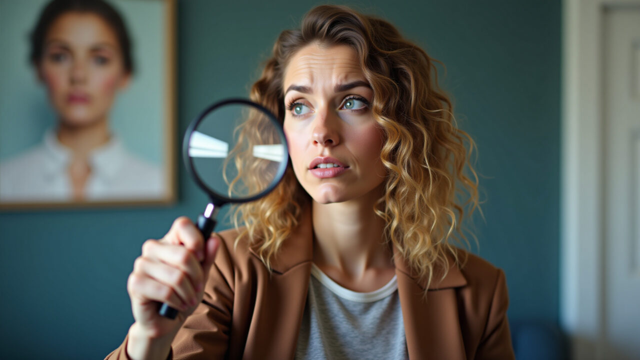 Woman skeptically examining an unrealistic promise, magnifying glass, exaggerated advertisement in Mulher examinando uma promessa irrealista com ceticismo.