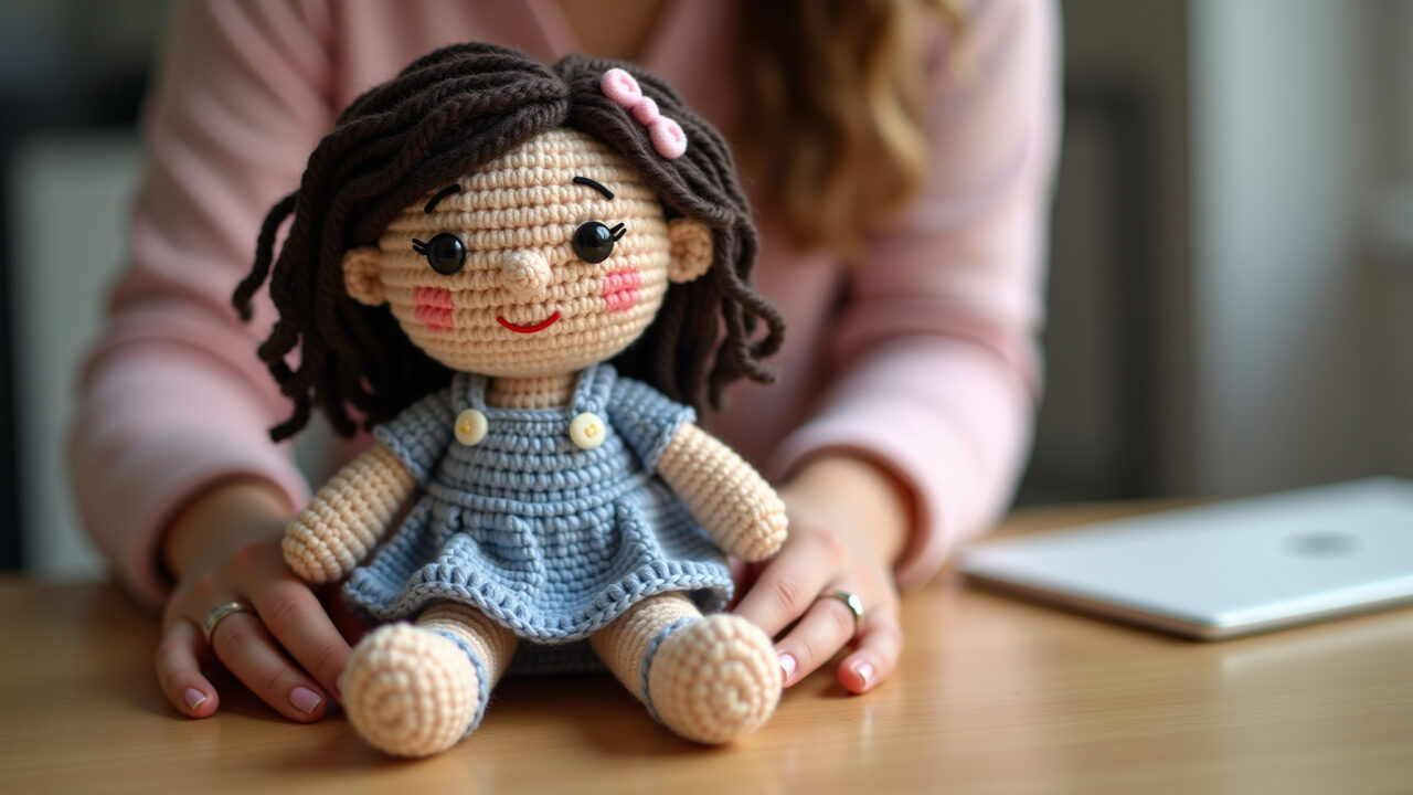 Woman taking order for custom amigurumi. Professional photography, 8K quality, sharp focus, natural Artesã aceitando pedido de amigurumi personalizado.