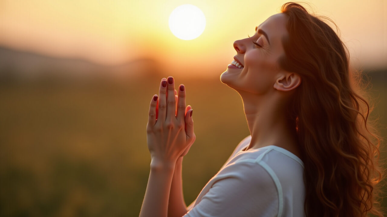 Woman trusting her intuition, peaceful expression, guiding light in the distance, natural setting, Mulher confiando em sua intuição com uma expressão serena.