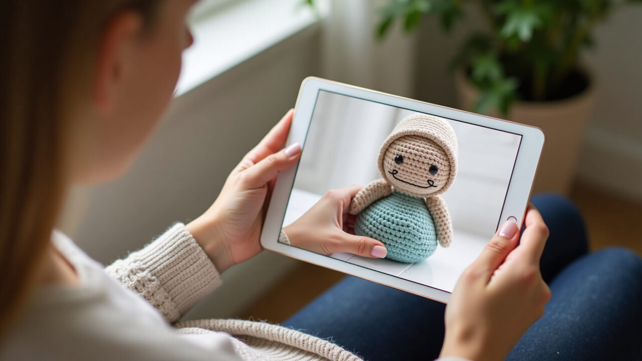 Woman watching amigurumi tutorial on tablet, crocheting along, natural light, 8K quality, sharp Mulher assistindo tutorial de amigurumi online.