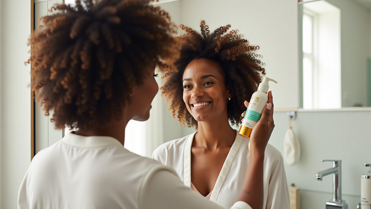 Mulher usando produto reconstrutor com queratina no cabelo afro.