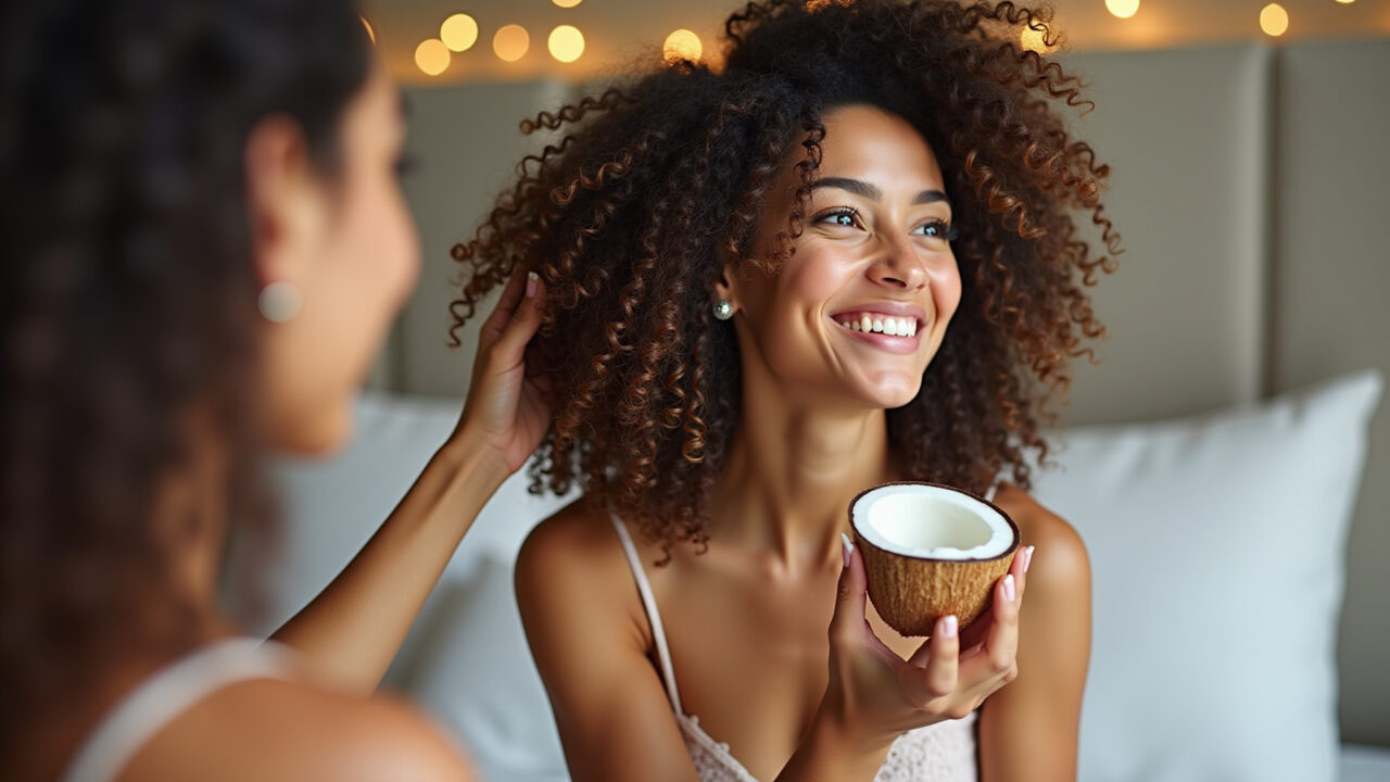 Mulher aplicando óleo de coco para umectação noturna.