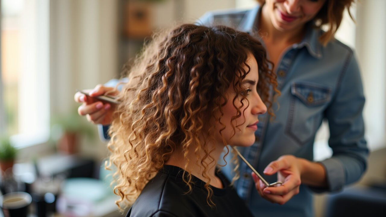 Mulher cortando as pontas danificadas do cabelo cacheado.