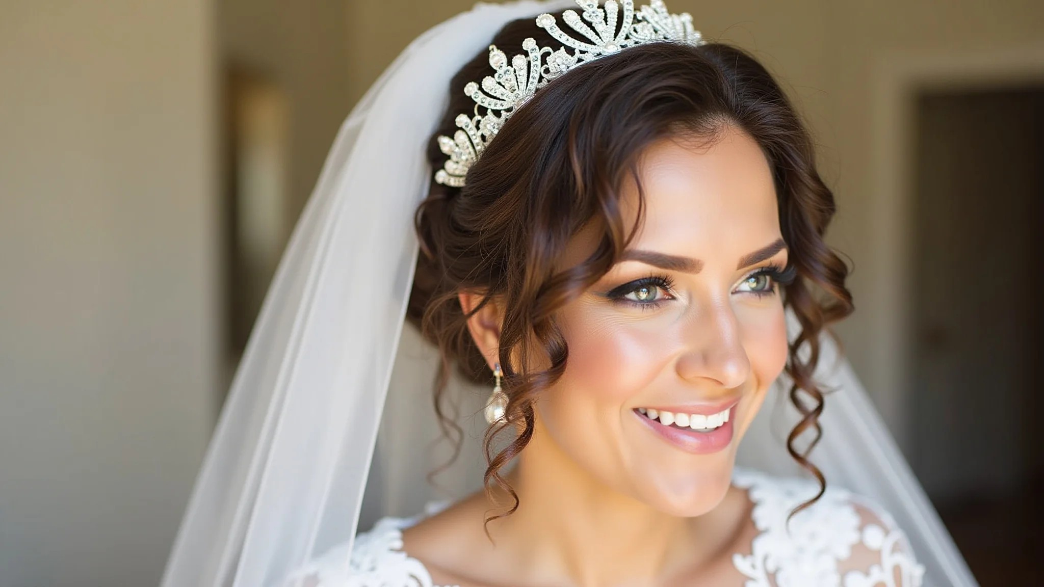 Noiva cacheada usando tiara e véu, iluminação interna brilhante, expressão feliz.