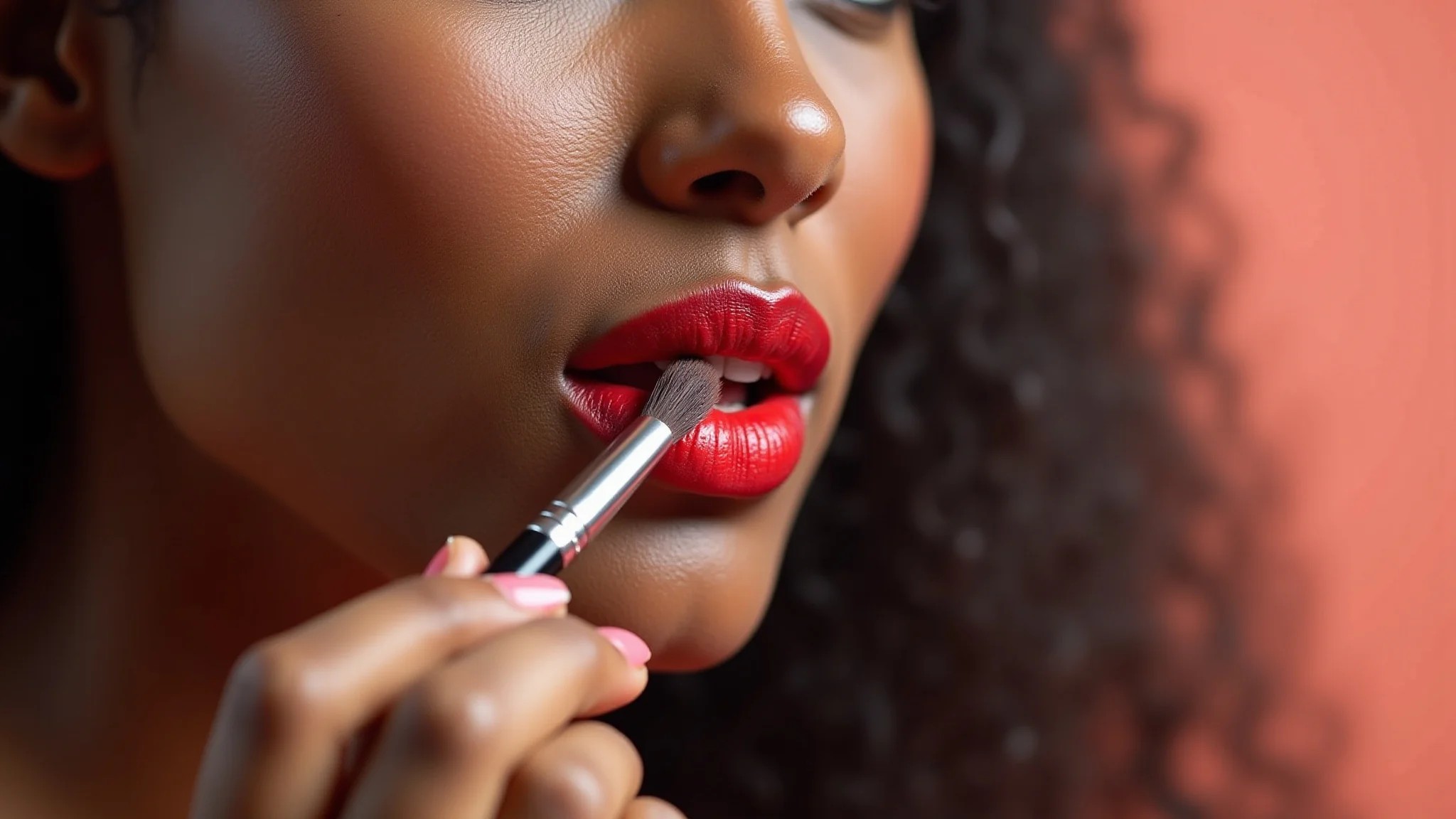 Mulher negra aplicando batom vermelho vibrante com pincel.