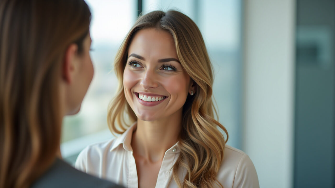 Woman with good posture, smiling confidently, making eye contact, professional environment, Mulher com boa postura, sorrindo confiantemente.