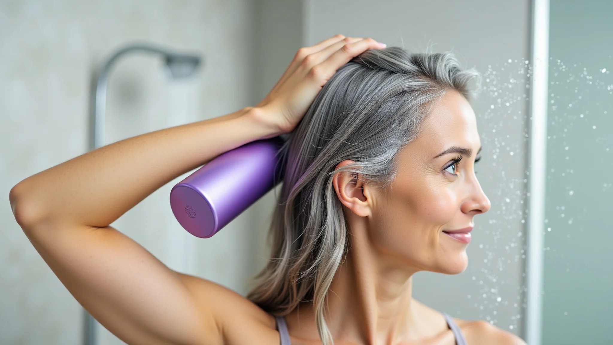 Mulher de cabelos grisalhos usando shampoo roxo no chuveiro, iluminação interna clara.