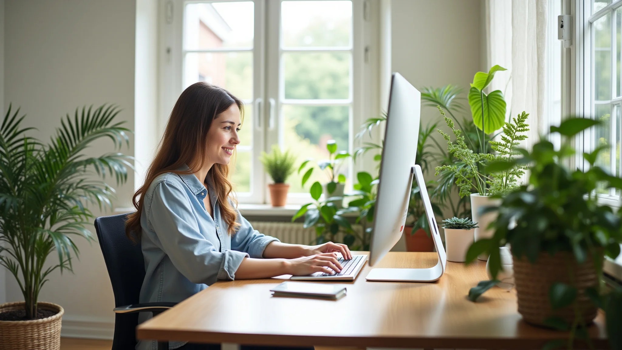 Mulher trabalhando em home office iluminado, cheio de plantas e com layout feng shui.