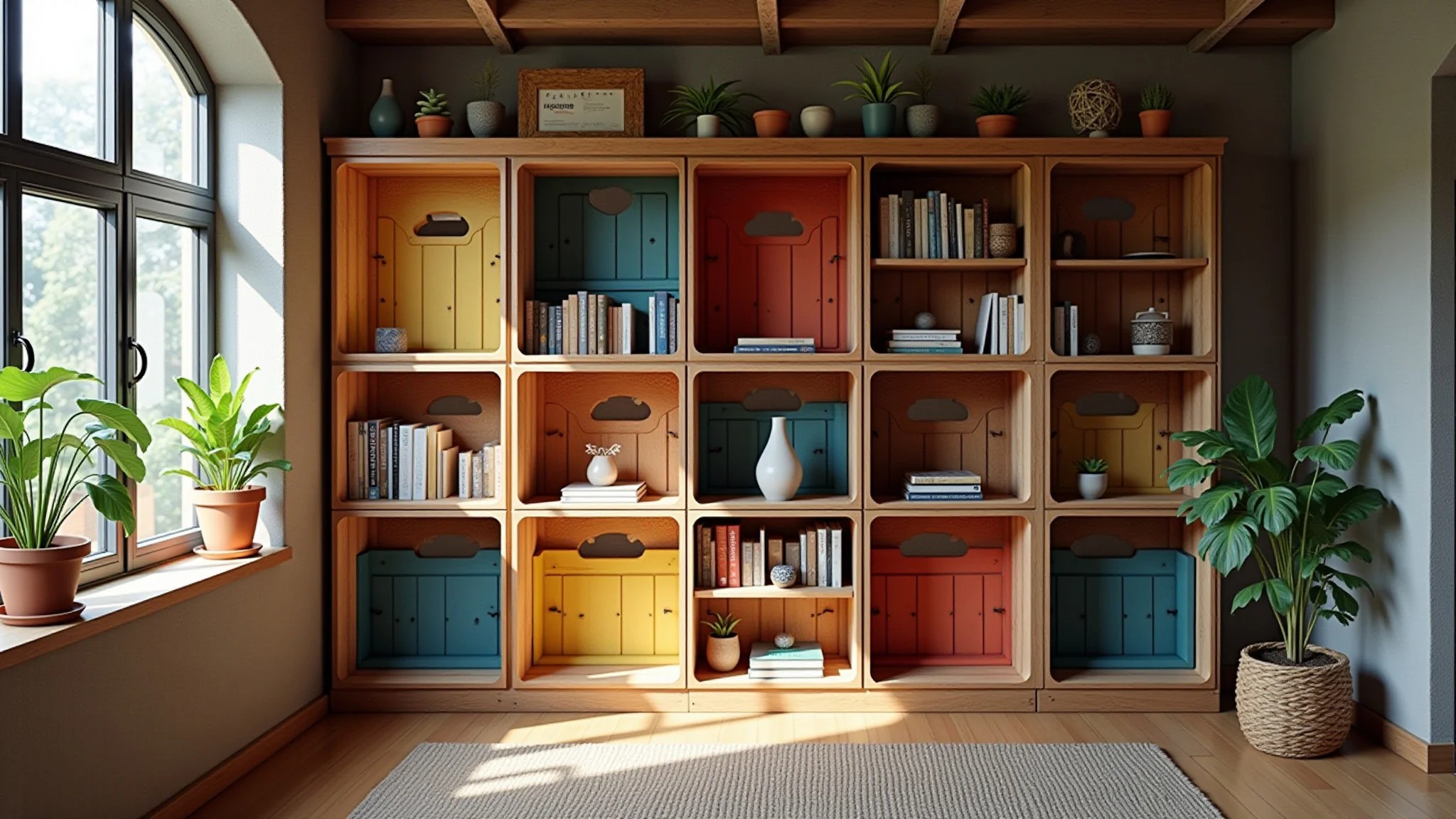 Caixas de madeira transformadas em prateleiras com livros coloridos e artesanato brasileiro.