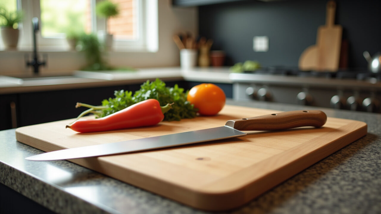Tábua de corte de madeira com legumes e faca.