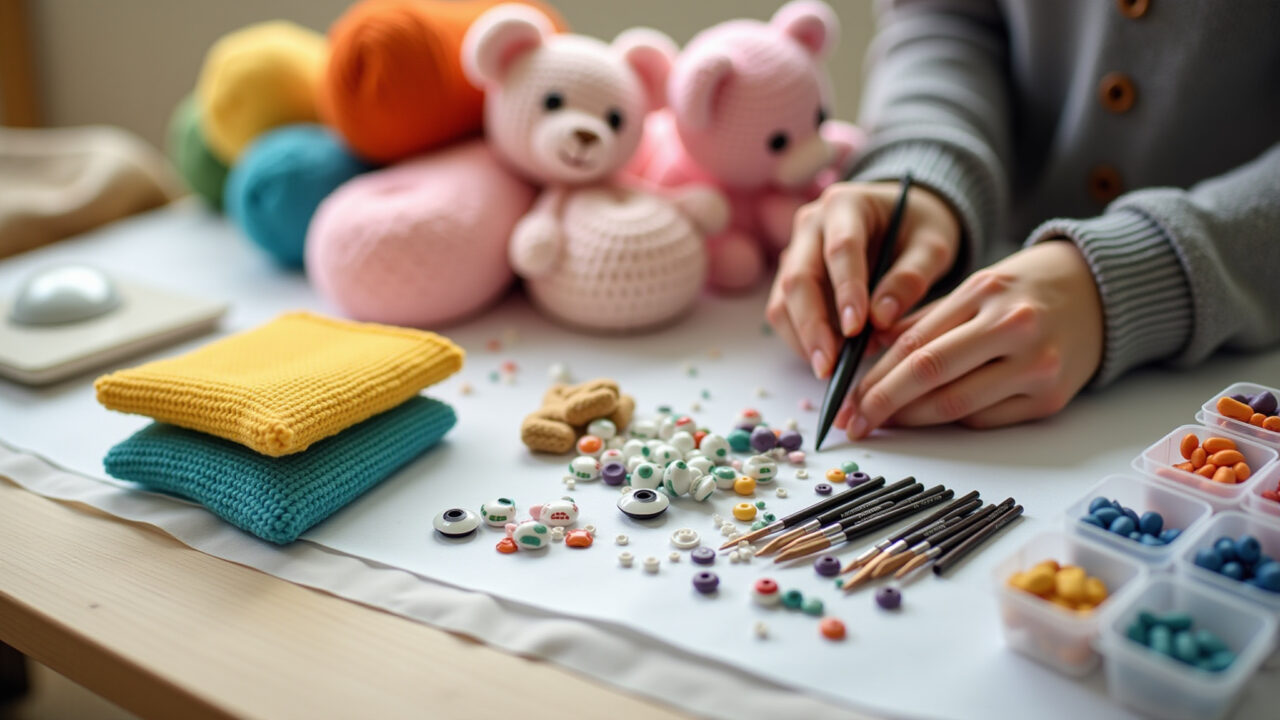 Yarn, crochet hooks, safety eyes, stuffing, amigurumi supplies, organized, bright light, Materiais para amigurumi organizados.