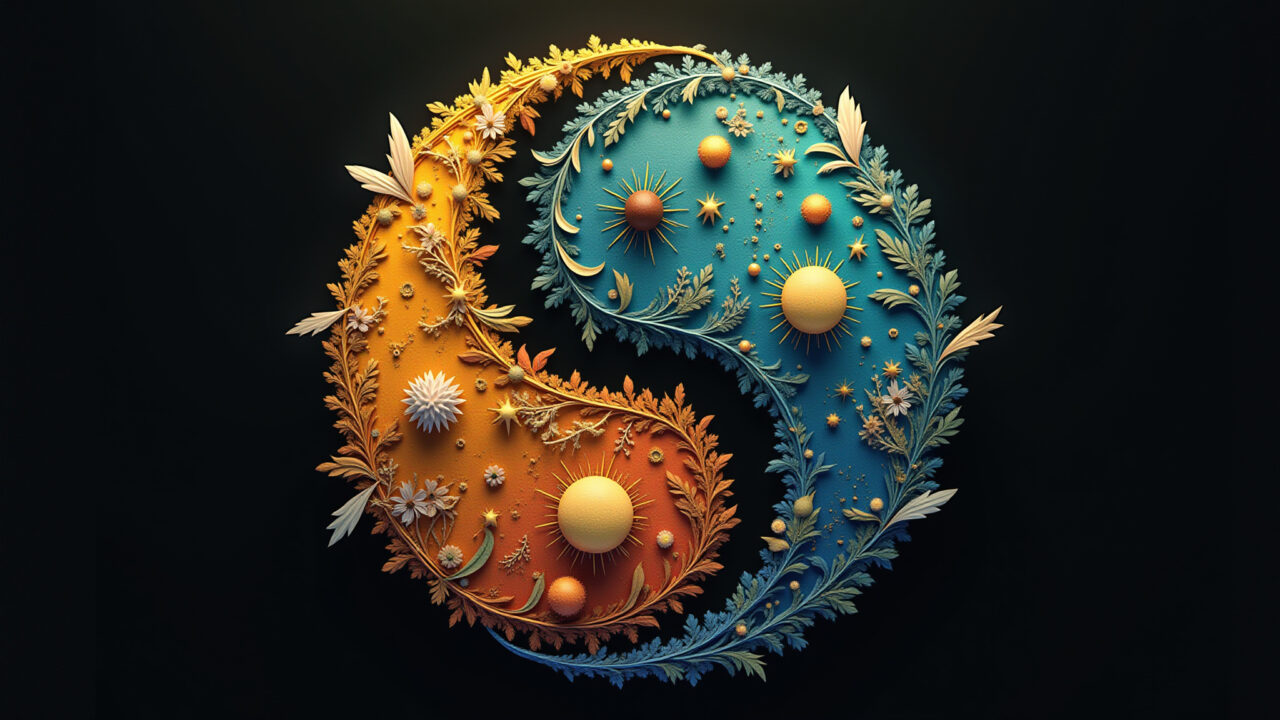 Yin and Yang symbol with Brazilian twist, incorporating elements of nature and culture, Símbolo Yin Yang com elementos da cultura brasileira.