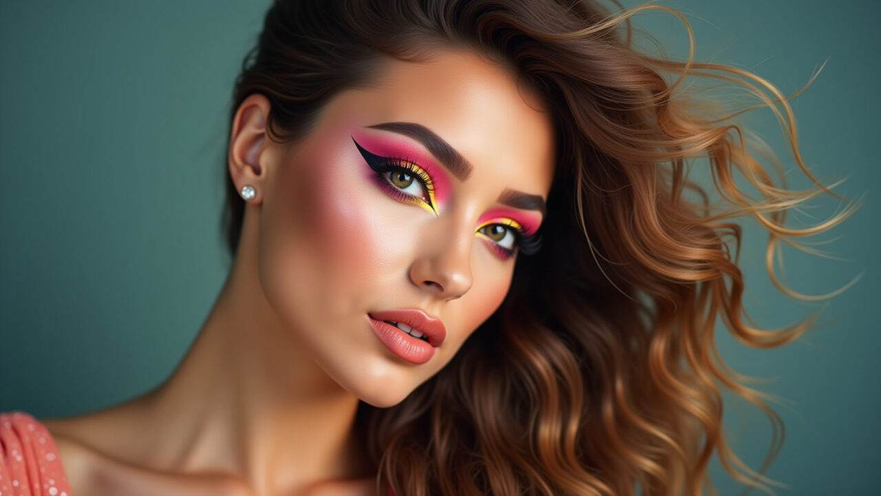80s makeup look, colorful eyeshadow, bold blush, cat eyeliner, Brazilian party, professional Maquiagem anos 80 com sombra colorida e blush marcado.