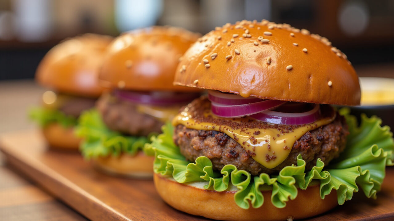 8K quality, close-up of pastel filled with seasoned hamburger meat, fried golden brown, side of hot Pastel recheado com carne de hambúrguer temperada.