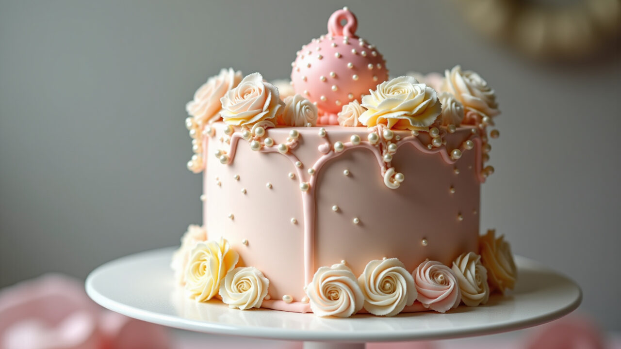 8K quality photo of a delicate Alice in Wonderland cake with chantilly, soft colors, edible pearls, Bolo Alice no País das Maravilhas com chantilly e pérolas comestíveis.