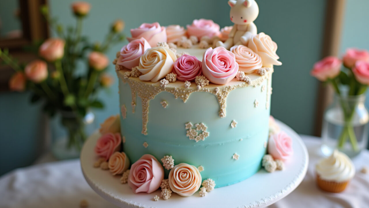 8K quality photo of a simple yet enchanting Alice in Wonderland cake with pastel colors, edible Bolo simples Alice no País das Maravilhas com flores de açúcar.