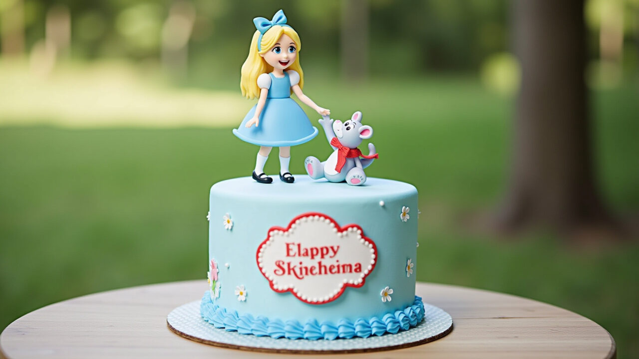 8K quality photo of an Alice in Wonderland cake with a charming topper, personalized with the Bolo Alice no País das Maravilhas com topper personalizado.