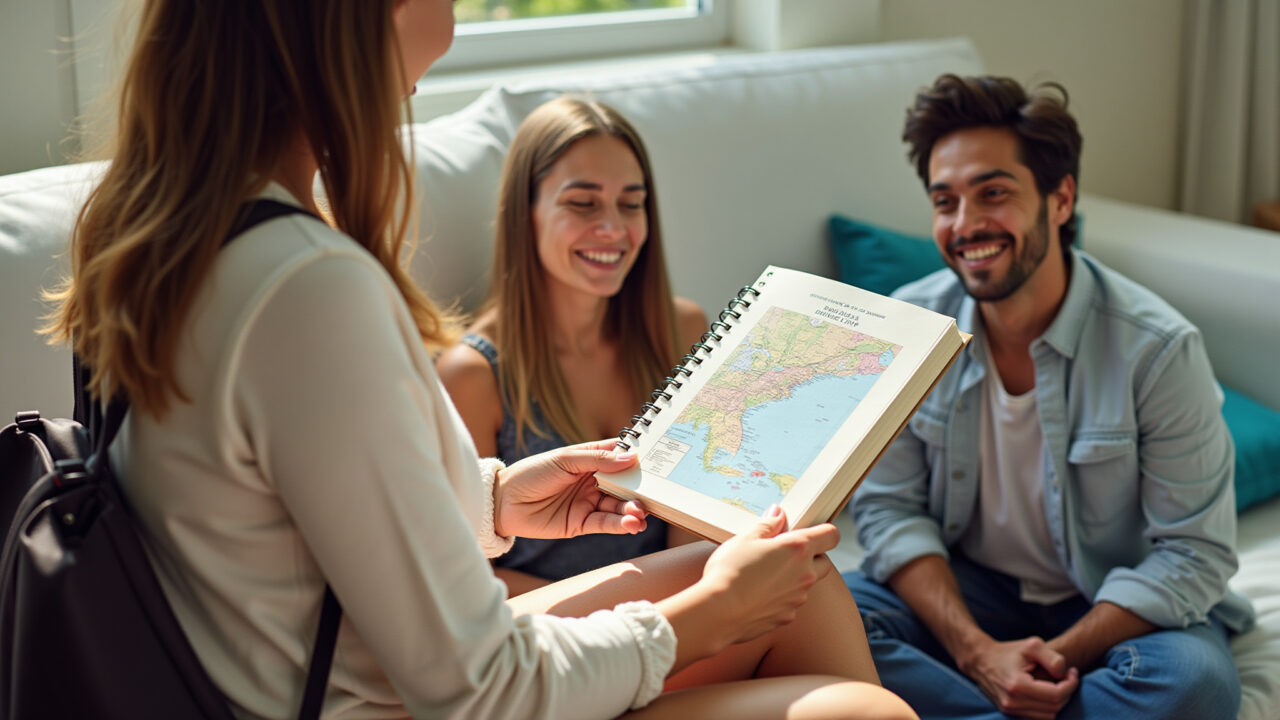 A Brazilian friend giving a travel journal as a birthday gift to another friend who loves to Amigo presenteando amigo que ama viajar.