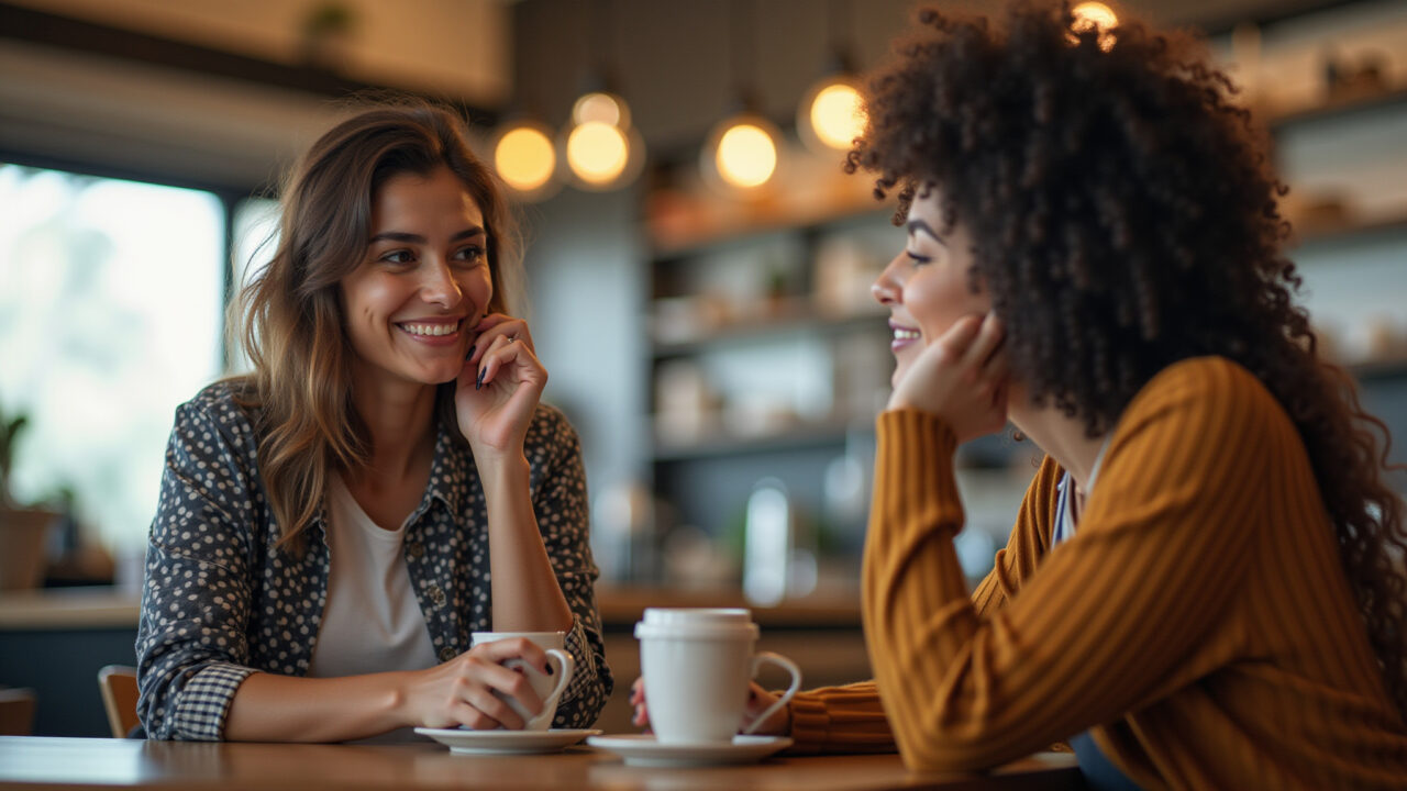 A Brazilian woman inspiring her friend with motivational words, in a coffee shop. Natural light, Amiga inspiradora motivando outra amiga.