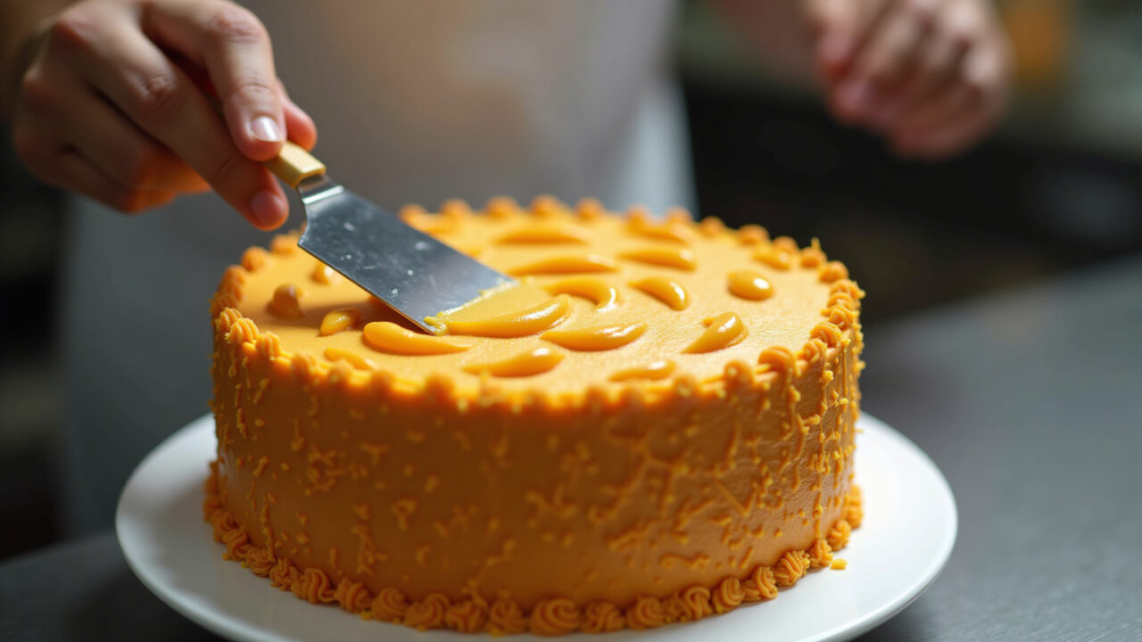 A cake decorated with chantininho using the spatula technique, creating a textured effect. Farm Rio Bolo espatulado decorado com chantininho.