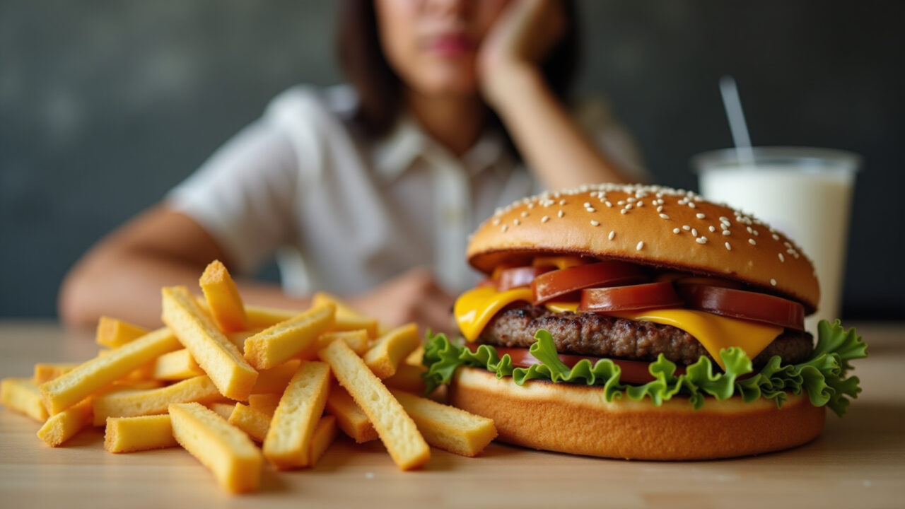 A close-up of unhealthy fast food with visible grease and a stressed person in the background. Fast food gorduroso com pessoa estressada ao fundo.