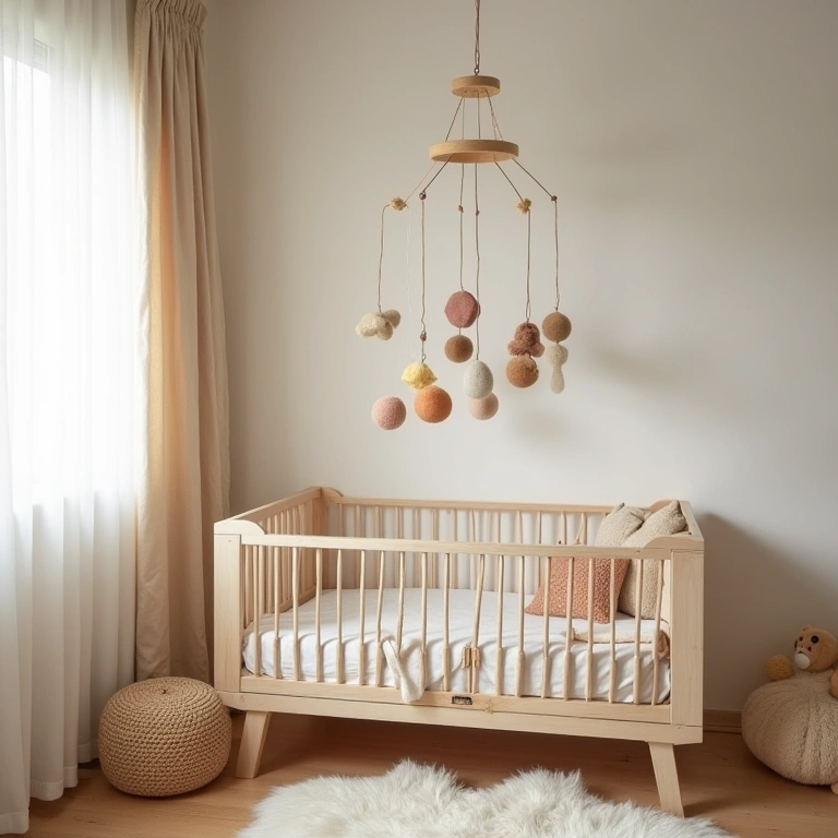 A cozy nursery with a handmade felt mobile featuring geometric shapes hanging above a crib, natural Móbile de feltro artesanal com formas geométricas coloridas.