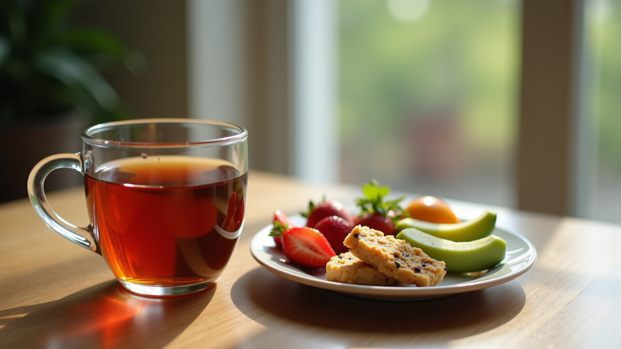 A cup of cagaita tea next to a plate with healthy snacks, natural lighting, healthy lifestyle, 8k, Chá de cagaita com lanches saudáveis.