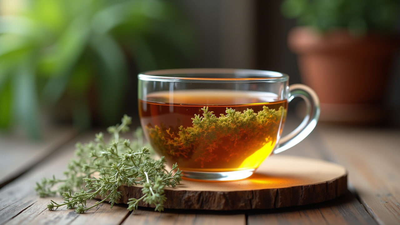 A cup of horsetail tea with dried horsetail herb, rustic setting, natural light, professional Chá de cavalinha para reduzir o inchaço abdominal.